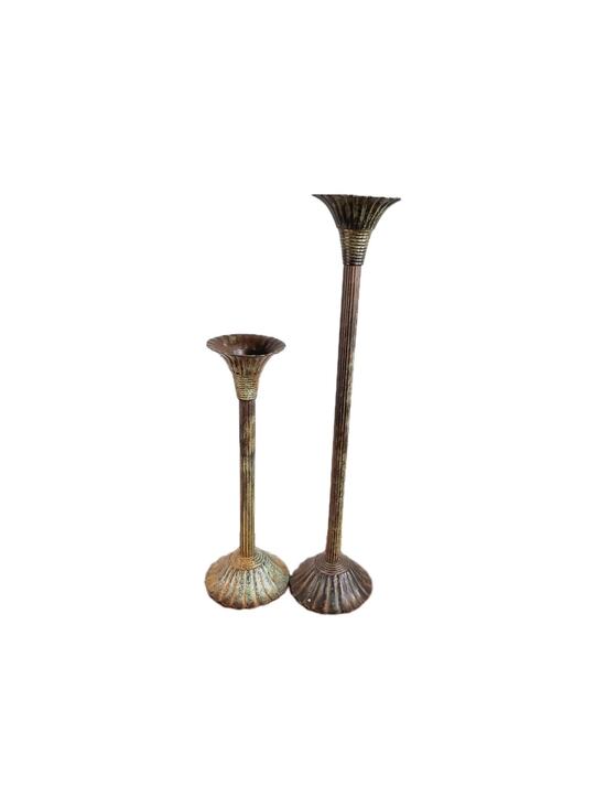 Unbranded Other - Vintage 80s Large Candle Holders Set X Two Antique Bronze Patina 19" & 13" Decor
